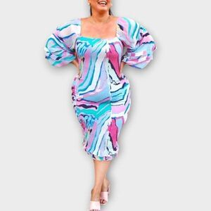 SAO Womens Dress | Sz 3X | Bodicon | Pink Blue Stretch Long Sleeves Chiffon Glam